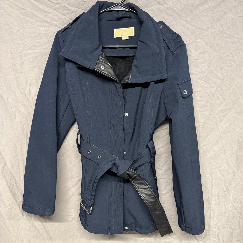 Michael Kors Navy Blue Jacket with Black Leather and Silver Details